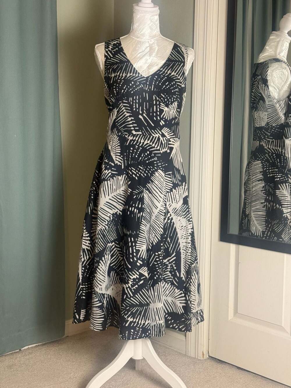 Jones New York Signature S Cotton Midi Dress Black White Abstract Fit Flare